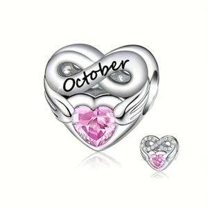 October Birthstone charm pink rhinestone heart on front 925 Silver 4.6mm hole